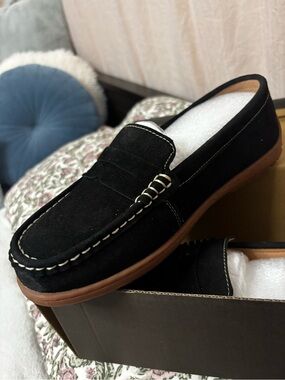 Black Suede Penny Loafers for Women